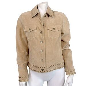 TRIBAL Tan Suede Leather Copper Sequin Button Up Trucker Jacket EUC